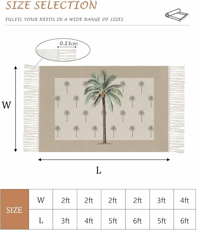 Tropical Palm Tree Kitchen Hallway Runner Rug 2X5 Ft Carpet, Washable Woven Brown Summer Beach Plant Throw Carpet with Tassel, Non-Shedding Farmhouse Retro Green Botanical Entryway Laundry Rugs