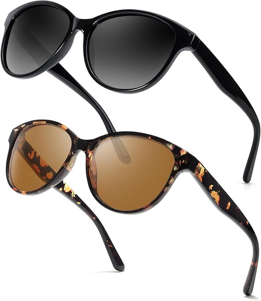 Myiaur Polarized Sunglasses for Women, Trendy Cat Eye Sun Glasses UV400 Protection Classic Retro Shade 2 Pack