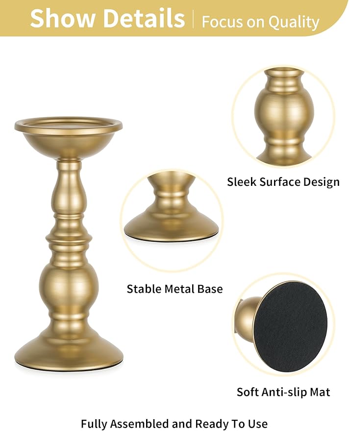 2 Pcs Gold Pillar Candle Holders, Gold Candlestick Most Ideal for 3" Pillar Candles, Gifts for Wedding, Party, Home, Spa, Reiki, Votive Candle (2 x L)