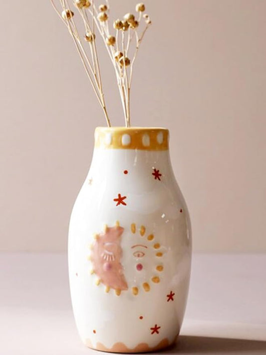 Unique Ceramic Vase, Cute Boho Decor, Small Cream Vase for Dried Flowers or Single Bud - Sun and Moon Face Design