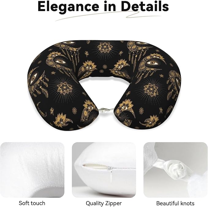 Neck Travel Pillow, Women Men Washable Airplane Car Pillows Mandala Boho Eyes Crescent Moon Sun Dream Catcher, Head Support Rest U Shaped Cushion Comfortable for Watching TV