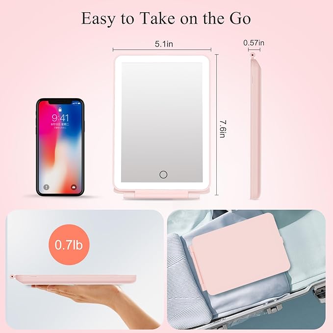 FUNTOUCH Rechargeable Travel Makeup Mirror with 72 Led Lights, Portable Lighted Makeup Mirror, 3 Color Lighting, Dimmable Touch Screen, Type C, Tabletop LED Folding Cosmetic Vanity Mirror (Pink)