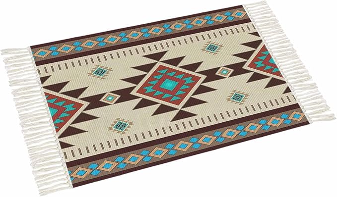 Boho Southwestern Runner Rug 3X5 Ft Bedroom Area Rug, Washable Woven Aztec Abstract Geometric Throw Carpet with Tassel, Non-Shedding Vintage Native American Patterned Dining Room Living Room Carpets