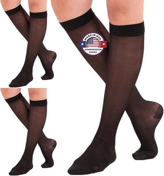 (3 Pairs - Closed Toe) Plus Size Compression Stockings for Women 15-20mmHg - Womens Sheer Compression Knee High with Wide Calf for Diabetic, Lymphedema, Swelling - Black, 5X-Large - A101BL8-3