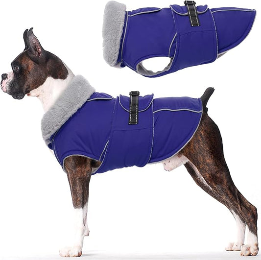 Lelepet Warm Dog Winter Coat Waterproof Dog Jacket with Adjustable Buckle & Leash Hole Reflective Pet Fleece Snowsuit Turtleneck Windproof Cold Weather Coats, Blue, M