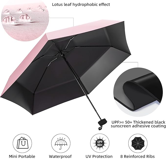 Travel Mini Compact Folding Umbrella with Case - UV Sun & Rain Protection, Lightweight Portable Pocket Umbrella for Women Men Kids, Fits Purse Backpack