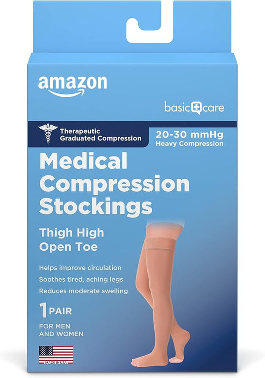 Amazon Basic Care Medical Compression Stockings, 20-30 mmHg Support, Women & Men Thigh Length Hose, Open Toe, Beige, Large (Previously NuVein)
