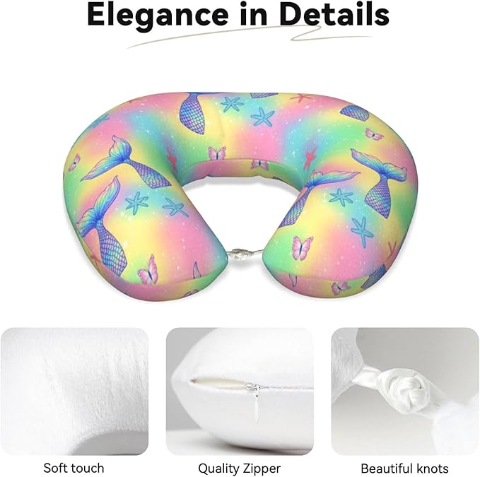 Neck Pillow Memory Foam Chin Cushion with Breathable Cover Magic Glitter Pink Mermaid Tail, Cute Airplane Car Pillows for Office Head Pain Relief