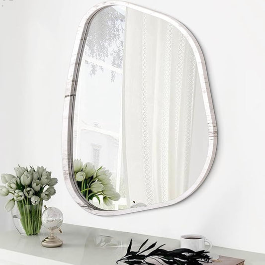 Irregular Wall Mirror Modern Oval Asymmetrical Wooden Framed Unique Hanging Mirror Artistic Wavy Mirror Decor Bathroom Vanity Bedroom Living Room Entryway Hallway Small 14"x10"