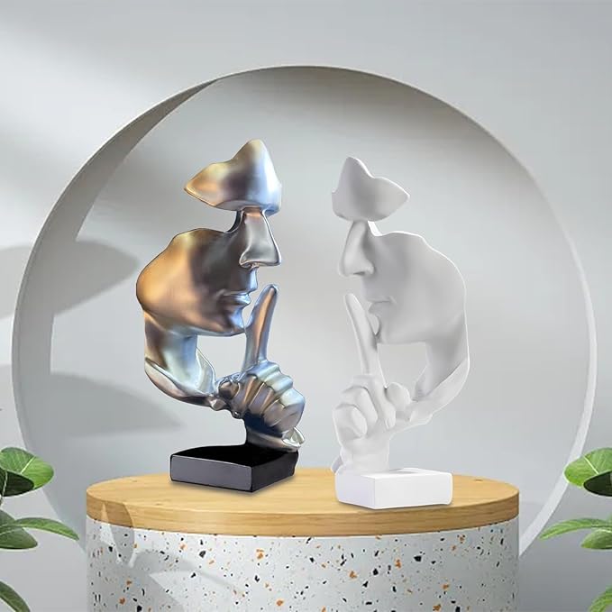 aboxoo Abstract Statues Silence is Gold Decorative Objects,Modern and Simple Resin Figurine,Desk Decoration for Office Home Piano Deco(Large Silver)