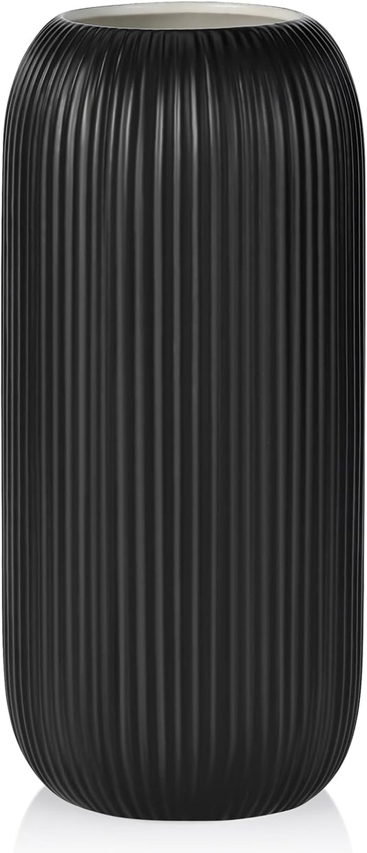 Ceramic Vase for Flowers – Modern Small Ribbed Textured Flower Vase for Home Decor, Pampas Grass, Decorative, Farmhouse, Coffee Table, Kitchen Centerpieces, Bookshelf and Home Living(Matte Black)
