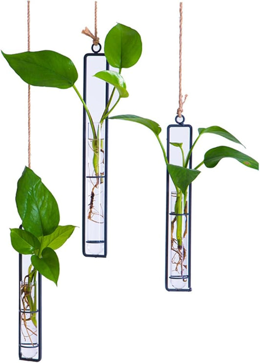 3 Pieces Hanging Glass Hydroponic Planter Transparent Test Tube Plant Vase Terrarium Container for Indoor Outdoor Modern Home Decoration (Black)
