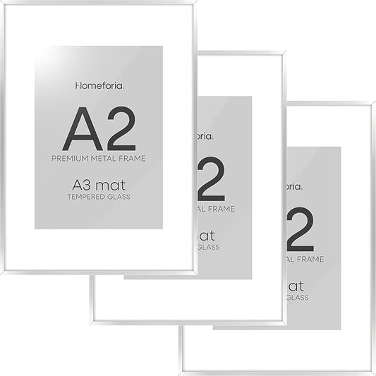 Homeforia A2 Poster Frame Silver, High End Metal A2 Picture Frames Silver with Mat A3 Print, 16.5x23.4 Frames Matted to 11.7x16.5 Photo, 16.5 by 23.5 Hanging Frames, Tempered Glass, Wall Kit, Set of 3