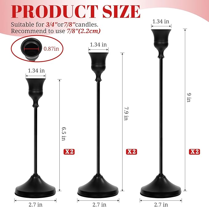 Candlestick Holders 6 PCS, Metal Taper Candle Holder, Matte Black Candle Holders for Pillar Candles, Vintage Dining Table Centerpiece Decorations for Wedding Party Christmas Halloween Decor