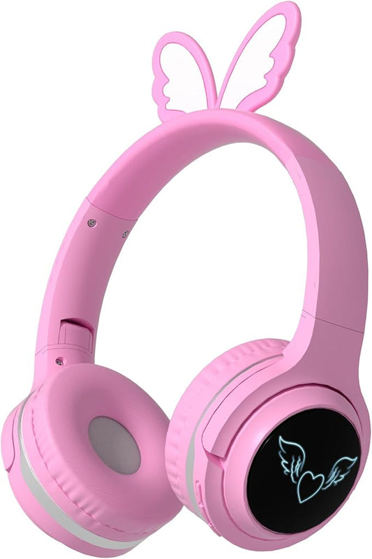 Kids Wireless Headphones with 7-Color RGB LED Lights, Long Playtime, Ultra-Soft Over-Ear for School Travel, Pink Butterfly Wings