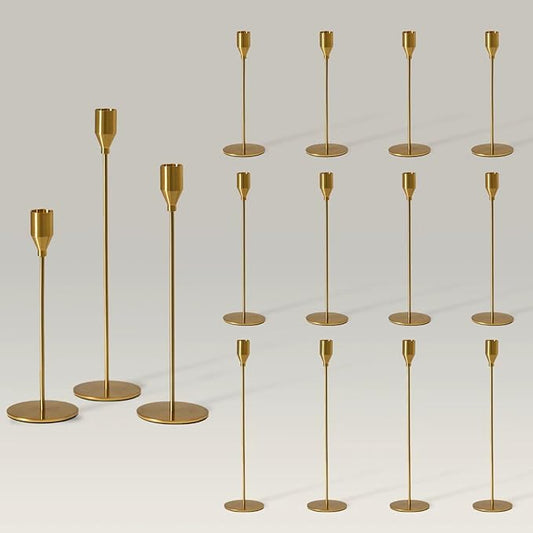 Solid Taper Candle Holders Set of 15 Bulk, Vintage Brass Long Skinny Candlestick (Heights: 9/11/13 Inch), Heavy Iron Anti-Slip Base for Fireplace Mantle Table Centerpiece Wedding Decor