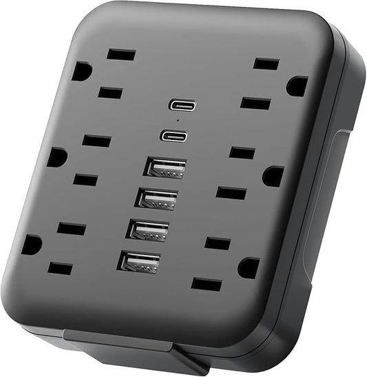 Multi Plug Wall Outlet Extender with USB Ports: 6 AC Outlets, 6 USB Ports (2 USB C), Wall Plug Power Strip, USB Plug Adapter for Wall Outlet, Outlet Splitter for Home Office Travel Cruise, Black