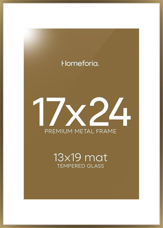 Homeforia 17x24 Picture Frame Bronze, High End Metal 17x24 Brass Poster Frames with Mat 13x19 Photo, 17 x 24 Frame Matted to 13 by 19 inch Print, 24by17 Thin Frames, Tempered Glass, Wall Kit, Set of 1