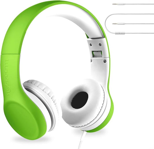 LilGadgets Connect+ Foldable Headphones, Adjustable Fit Soft Touch Padding for Kids with Mic, Volume-Limited & Noise Reduction On-Ear Wired Headset for School with SharePort - Green, Ages 3-14