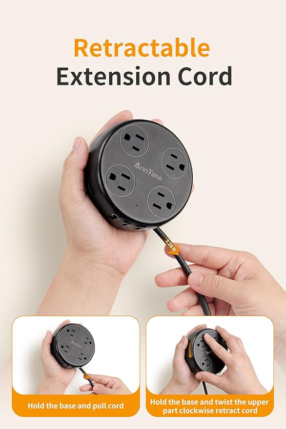 European Travel Plug Adapter - Retractable Power Strip with 4 AC Outlets & 3 USB Ports (USB-C), Type C Adapter for US to Most of Europe Iceland Spain Italy France Germany and More (Black)