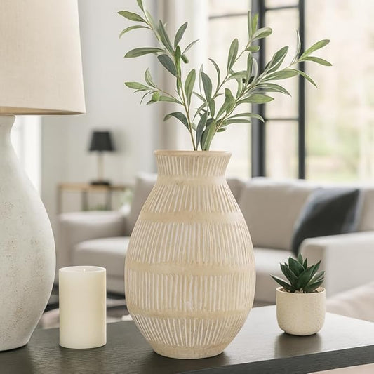 Ceramic Flower Vase for Living Room Decor – Decorative Terracotta Vase with Bold Textured Form for Fresh Flowers or Pampas Grass – Home Centerpiece for Bedroom, Table, or Office Decor – 16" Ivory