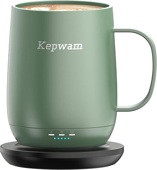 Kepwam Self Heating Coffee Mug T2, 16oz Smart Heated Coffee Mug, 150 Min Battery Life - Hot up to 149℉ Temperature Control Coffee Mug Warmer, Gifts for Dad Mom (No APP)