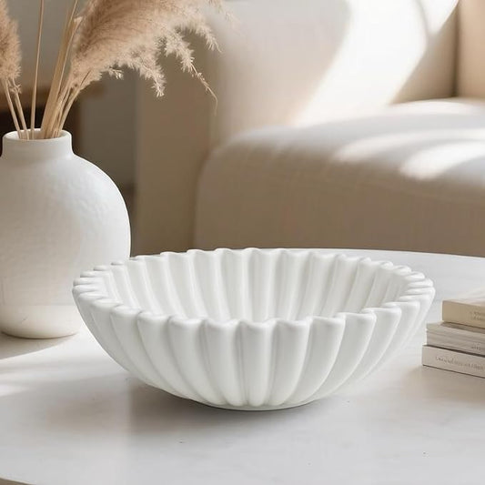 Large Decorative Bowl, White Ceramic Fruit Bowl for Kitchen Counter, Key Bowls for Entryway Table, Modern Coffee Table Home Decor, Scalloped Handmade Artwork