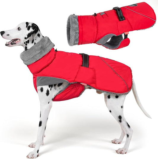 KYEESE Waterproof Dog Coat, Windproof Warm Winter Jacket with Thick Fleece Lined, Cozy Turtleneck Dog Coats for Large Dogs with Leash Hole, Reflective Outdoor Cold Weather Coat, Red, XXX-Large