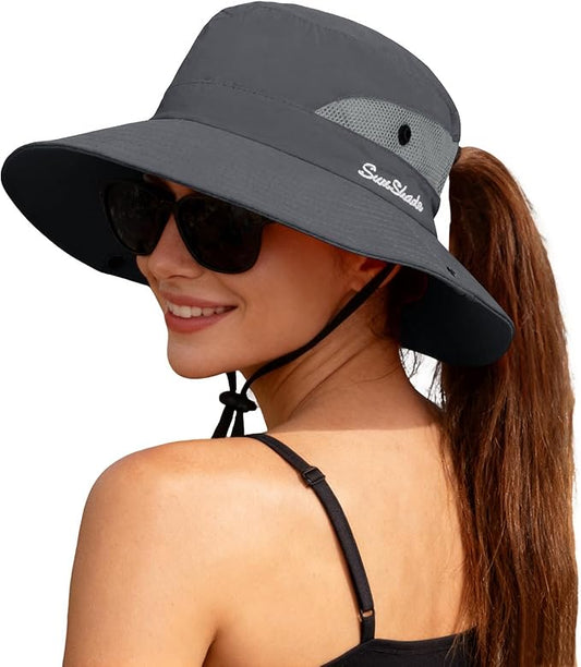 ZOORON Women's Ponytail Safari Sun Hat,Wide Brim UV Protection Outdoor Bucket Hat,Foldable Beach Summer Fishing Hat