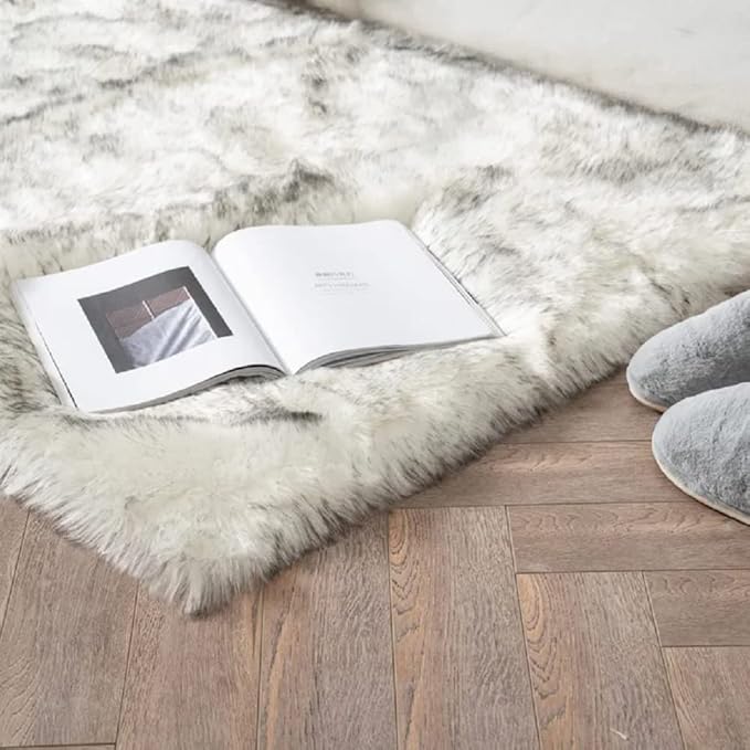 Grey and White Plush Shag Washable Rugs for Bedroom Faux Sheepskin Fur Furry Carpet for Living Room 2x6 Nursery Rug Runner