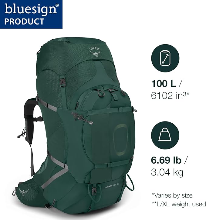 Osprey Aether Plus 100L Men's Backpacking Backpack, Black, S/M
