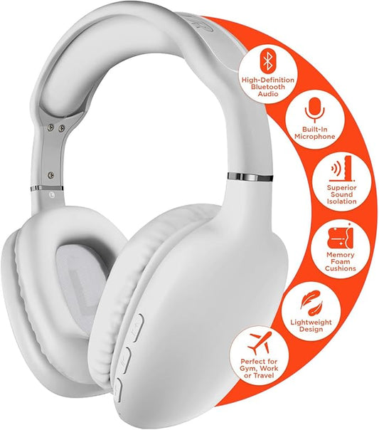 HyperGear Wireless Headphones Bluetooth White- Noise Isolation Headphones Wireless Over The Ear Head Phones, Gym Headset Built-in Mic Controls Square Foam Cups Foldable Headphone for Women and Men