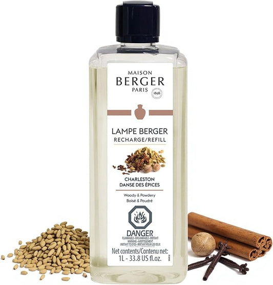 Maison Berger Charleston Fragrance Refill – 1 Liter (33.8 fl oz) Oil for Lampe Berger Diffuser, Air Freshener Elegant Woody-Powdery Scent, 160 Hours Aroma, French Perfumery Excellence