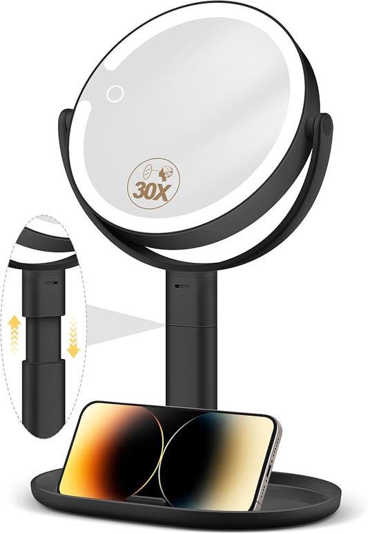 Makeup Mirror with Lights, 30X Magnifying & Height Adjustable, Lighted Magnifying Mirror with 3 Light Modes and Stepless Dimming, Vanity Mirrors for Bathroom, Birthday Gift for Women, Black