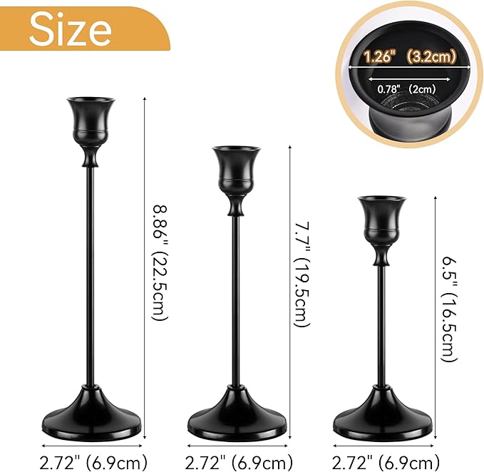 Taper Candle Holders, Tall Vintage Metal Candlestick Holders, 3 PCS Black Candle Sticks Holders for Home Decor Table Centerpiece Wedding Housewarming Festival, Black, 1 Set (3 pcs)