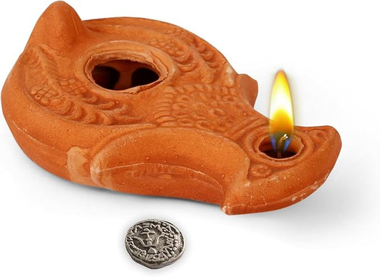 Christian & Jewish Holy Land Oil Lamp with Widow’s Mite Coin – Unique Handmade Gift of Faith