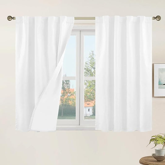 LAMIT 40 Inch Length Short White Linen Curtains for Cafe, 100% Blackout Linen Textured Thermal Curtains Back Tab and Rod Pocket Panels with White Liner for Kitchen/Small Window, 2 Panels, 34 x 40 Inch