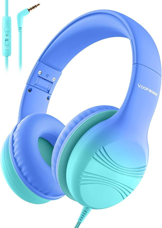 Kids Headphones, Wired Headphones for Kids with Microphone 85/94dB Volume Limit, Stereo Sound Portable Over Ear Headphones for School/Travel/Tablet/iPad, Gradient Blue