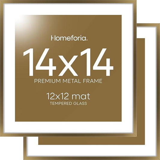 Homeforia 14x14 Picture Bronze Frame, High End Metal 14 x 14 Square Poster Frame with Mat 12 x 12 Photo, 14x14 Brass Frame Matted to 12x12 Print, 14by14 Thin Frames, Tempered Glass, Wall Kit, Set of 2