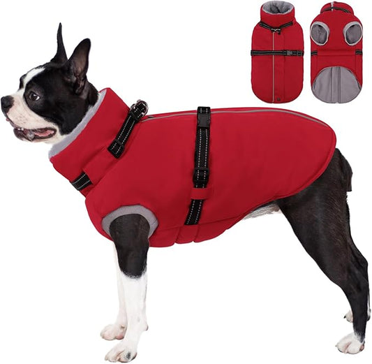 AOFITEE Dog Coat, Warm Dog Jacket Winter, Waterproof Dogs Winter Coat with Harness & Zipper, Reflective Turtleneck Fleece Pet Puffer Jacket Snowsuit for Jack Russel, Boston Terrier, Christmas Red M