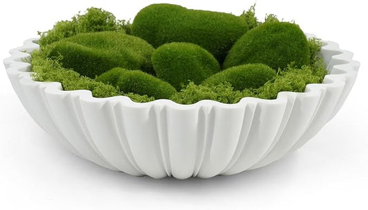 White Decorative Bowl Modern Home Decor - 10.6" Large Resin & Sandstone Centerpiece Bowl for Entryway Table, Coffee Table, Kitchen Counter or Serving Fruit, Keys, Includes 10PCS Artificial Moss Rocks