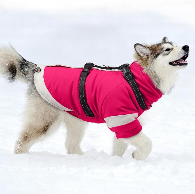 MIGOHI Warm Dog Coat Waterproof Small Dog Jacket with Harness,Reflective Fleece Snowsuit for Dogs,Windproof Puppy Coats with Legs for Cold Weather,Adjustable Pet Clothes for Puppies,Xs,Rosered