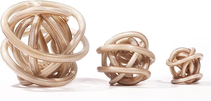 Luxury Lane Hand Blown Infinity Knot Sommerso Decorative Glass Ball for Bowls Home Decor 6 inch Tall Orbit Centerpiece Table Decoration Sculpture White Gold