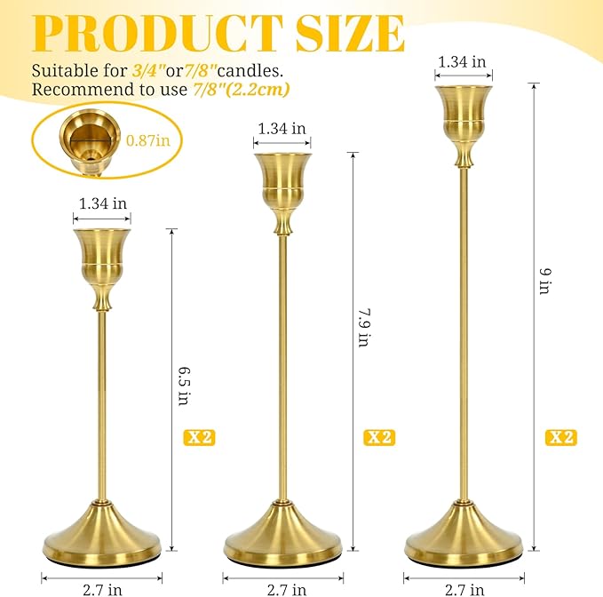 Candlestick Holders 6 PCS, Metal Taper Candle Holder, Brass Gold Candle Holders for Pillar Candles, Vintage Dining Table Centerpiece Decorations for Wedding Party Christmas Halloween Decor
