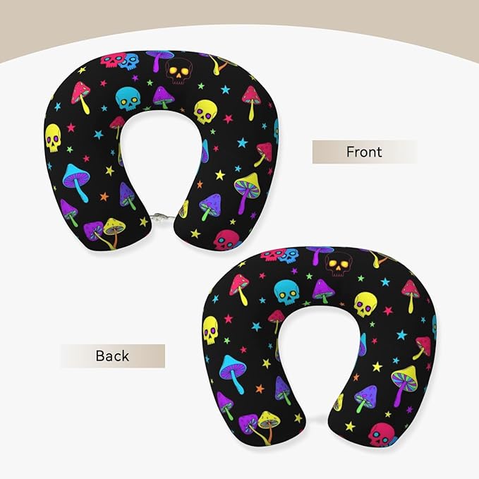 Neck Pillow Memory Foam Travel Pillows Comfortable for Airplane Flight Car Travel Office Nap and Sleeping, Funny Cushion for Head Shoulder Trippy Mushroom Skull