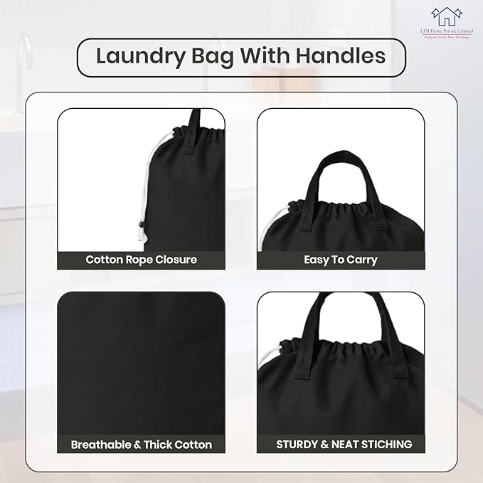 LFH Home Large Premium 1pack Cotton Canvas Laundry Bag with Drawstring and Handles Heavy Duty, Multi-Use, and Washable for Home, Travel, College or Storage 28x36-Black