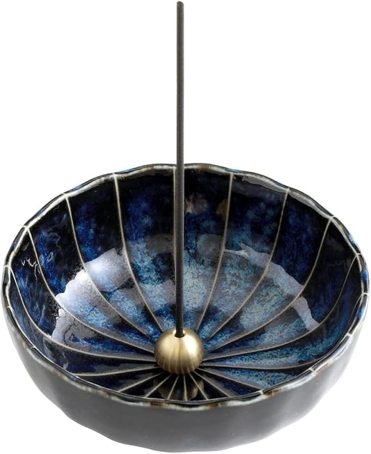 Asayu Japan Lotus Incense Holder for Sticks 4.1 inch (105 mm), Traditional Made in Japan Ceramic Ash Catcher and Brass Incense Burner Set - Navy Dark Blue Lotus