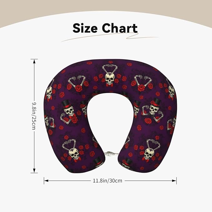 Neck Pillows for Travel Mexican Sugar Skulls Day of The Dead Red Roses Magic Hat, Women and Men Airplane Car Pillow, Neck Support U Shaped Pillow for Rest Pain Relief Sleeping