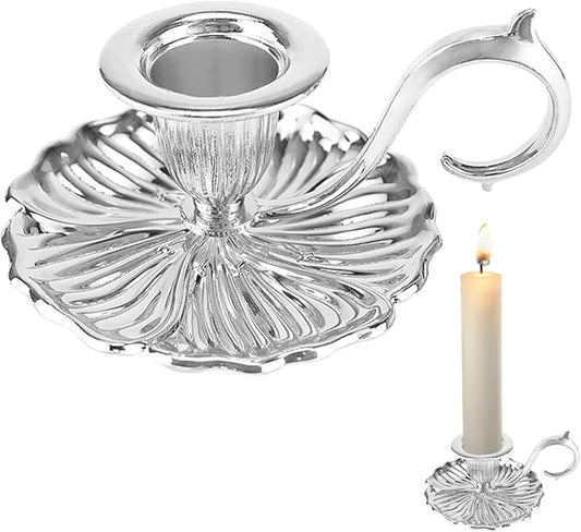 Vintage Candle Stick Holder, Handle Stand Iron Candle Stick Holder, Small Taper Candle Holder for Table Home Decoration (Silver)