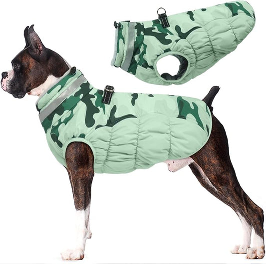 Lelepet Warm Dog Winter Coat Dog Coats for Large Dogs Waterproof Dogs Jacket with Harness Built in Reflective Cold Weather Coats Zip-Up Winter Fleece Vest Snowsuit Boston Terrier Mint Green Camo L